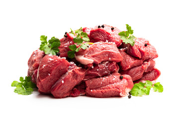 Boneless lamb steak meat with spices isolated on white