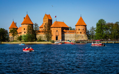 Castle on lake Galve in Trakai, Lithuania. Sunny day