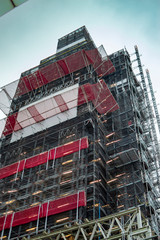 The scaffolding of big ben as it is under repair in london