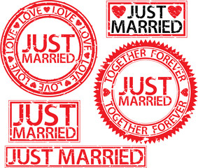 Just married stamp set, vector illustartion