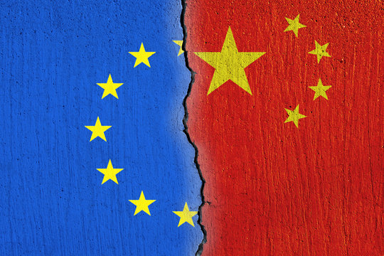 European Union flag  and Chinese flag painted on cracked wall , EU and China relations  -