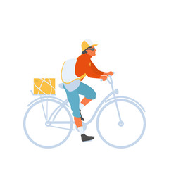 Bicycle courier man with bag riding bike to perform delivery