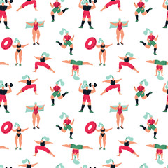 Fototapeta na wymiar Women feminist seamless pattern. Girls doing sports. Poses of yoga, exercises for healthy lifestyle, swimming in pool. Trendy pattern with girls in summer swimsuits and sportswear. Body positive.