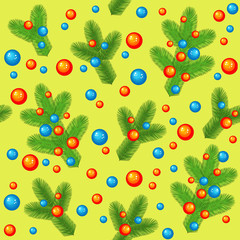 Christmas tree branches decorated with bright balls. Tradition of the New Year. Seamless pattern. Suitable for packing holiday gifts. Creates a cheerful mood. Vector illustration