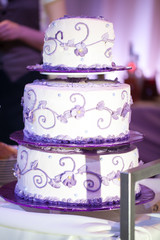 Beautiful wedding three-tier cake decorated with flowers. Bride and groom Cutting cake. Lavender color.
