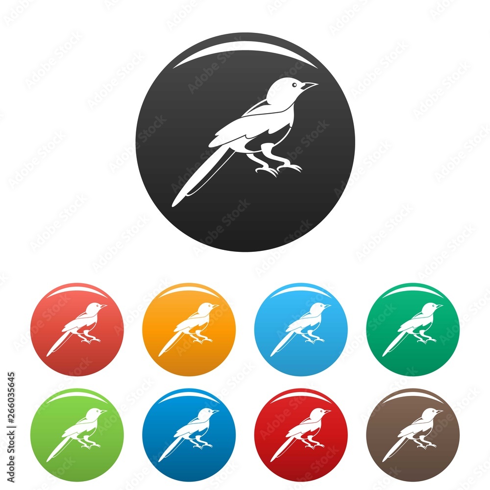 Poster small magpie icons set 9 color vector isolated on white for any design