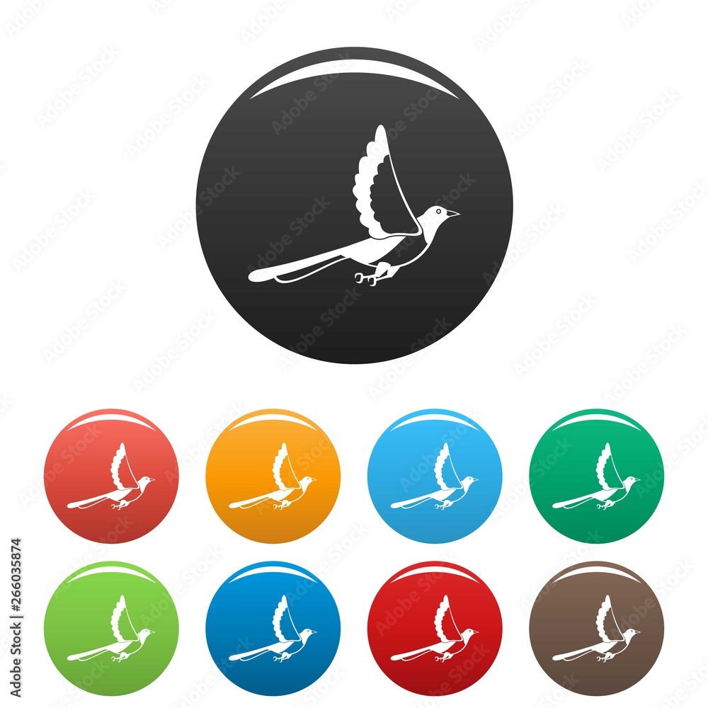 Poster magpie fly icons set 9 color vector isolated on white for any design