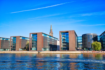 Copenhagen, Denmark-August 1, 2018: Urban Copenhagen architecture along water canals