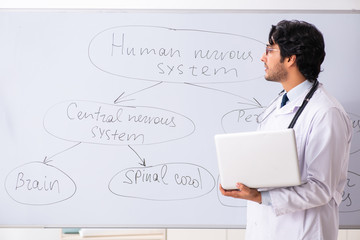 Young male doctor neurologist in front of whiteboard 