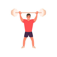 Obraz premium Cartoon muscular brutal man with barbell. Vector