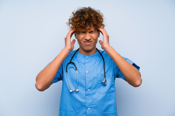 Surgeon doctor african american man unhappy and frustrated with something. Negative facial expression