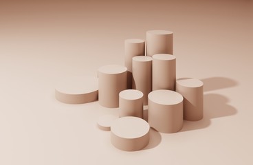 Round pedestal, podium, stand, platform for cosmetics. Abstract composition of geometric objects, light pastel flesh background for the presentation of goods and advertising -3D, render, illustration.