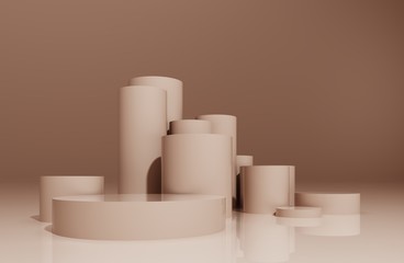 Round pedestal, podium, stand, platform for cosmetics. Abstract composition of geometric objects, light pastel flesh background for the presentation of goods and advertising -3D, render, illustration.
