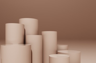 Round pedestal, podium, stand, platform for cosmetics. Abstract composition of geometric objects, light pastel flesh background for the presentation of goods and advertising -3D, render, illustration.