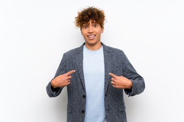 Fashion african american man over isolated white wall with surprise facial expression