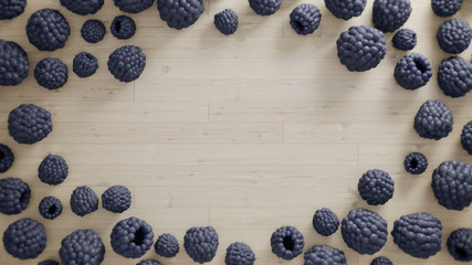 Natural product, healthy food-3d render. Berries raspberries and blackberries on the background of  wooden table.Illustration for advertising,wallpaper,covers,promoting proper nutrition,vegetarianism.