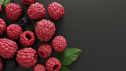  Natural product, healthy food - 3d render. Raspberry and blackberry berries on a black background - isolate. Illustration for advertising, wallpaper, promotion of proper nutrition, veganism.