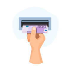 Hand  insert in atm money 500 euro, banknote vector business illustration