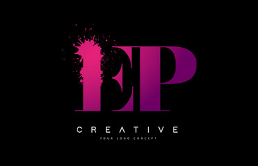 Purple Pink EP E P Letter Logo Design with Ink Watercolor Splash Spill Vector.