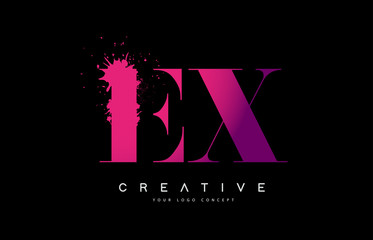 Purple Pink EX E X Letter Logo Design with Ink Watercolor Splash Spill Vector.