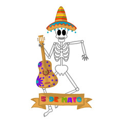Cinco de mayo banner with a mexican skeleton and a guitar - Vector