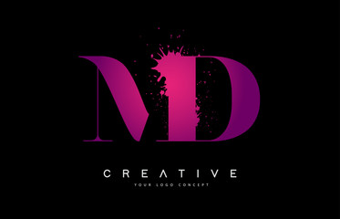 Purple Pink MD M D Letter Logo Design with Ink Watercolor Splash Spill Vector.