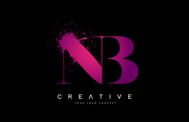 Purple Pink NB N B Letter Logo Design with Ink Watercolor Splash Spill Vector.