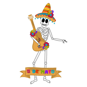 Cinco de mayo banner with a mexican skeleton and a guitar - Vector