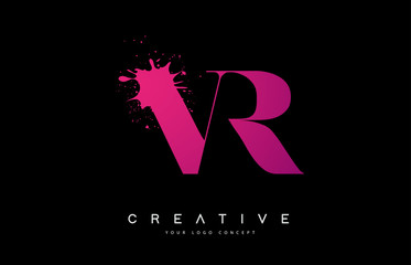 Purple Pink VR V R Letter Logo Design with Ink Watercolor Splash Spill Vector.