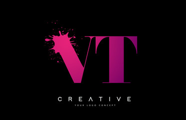 Purple Pink VT V T Letter Logo Design with Ink Watercolor Splash Spill Vector.
