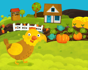 Fototapeta premium cartoon happy and funny farm scene with happy hen - illustration for children