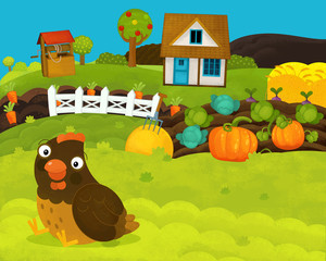 cartoon happy and funny farm scene with happy hen - illustration for children