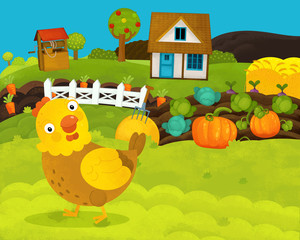 cartoon happy and funny farm scene with happy hen - illustration for children
