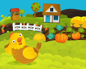cartoon happy and funny farm scene with happy hen - illustration for children