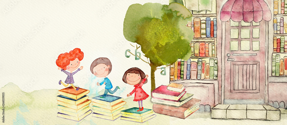 Wall mural bookstore. watercolor illustration for children