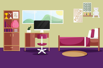 Vector Interior Design of Single Bedroom for Girl with Home Furniture. Vector illustration in Flat Style. Design Concept of Modern Dormitory Interior. Child Room with Desk, Library, Computer and etc