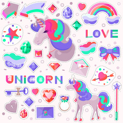 Set with a unicorn and pictures for stickers. Unicorn's head with closed eyes