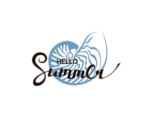 sea emblem of hello summer lettering with seashell isolated on white background