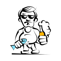 Alcoholic with beer bottle in hand vector illustration