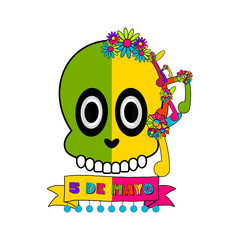 Cinco de mayo banner with a mexican skull and musical notes - Vector