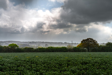 dramatic dark and heavy clouds on the sky with rain going in the distance