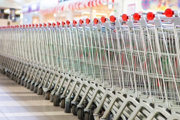An equal number of shopping carts standing in the store.