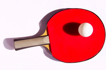 Overexposed Image Of Red Racket And White Ball For Tennis. Sport, Ping Pong, Table Tennis Concept.  