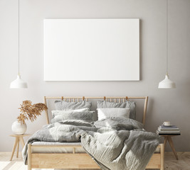 mock up poster frame in modern bedroom interior background, living room, Scandinavian style, 3D render, 3D illustration