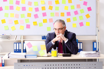 Aged man employee in conflicting priorities concept 