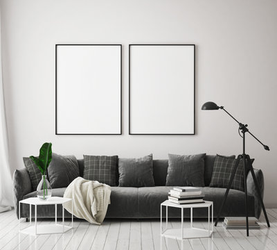 mock up poster frame in modern interior background, living room, Scandinavian style, 3D render, 3D illustration