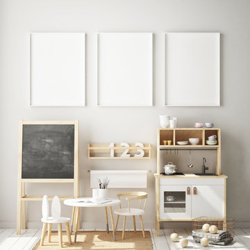 mock up poster frame in children bedroom, Scandinavian style interior background, 3D render, 3D illustration