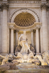 The god Neptune in the Trevi Fountain at night in Rome © JayC75