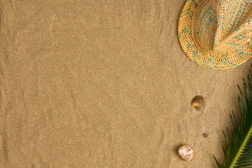 Fototapeta na wymiar Frame of straw hat, palm leaves and seashells. Traveler accessories on sand. Travel vacation concept. Summer background
