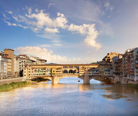 Italy. Florence, panoramic view of Ponte Vecchio on the Arno river